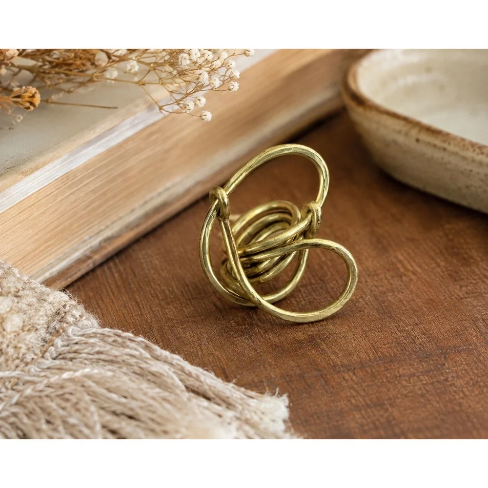 Handmade Brass Wire Wrap Statement Ring Abstract Modernist‎ Artisan Jewelry